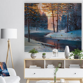 Designart River Sunset Winter Forest Landscapes Wood Wall Art 46x36