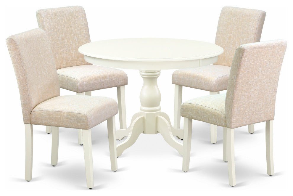 5 Pc Kitchen Set, Linen White Table, 4 Light Beige Chairs, Linen White Finish