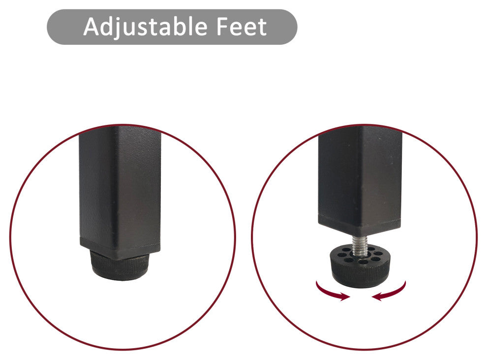 Instructional close-up of adjustable feet/assembly details.