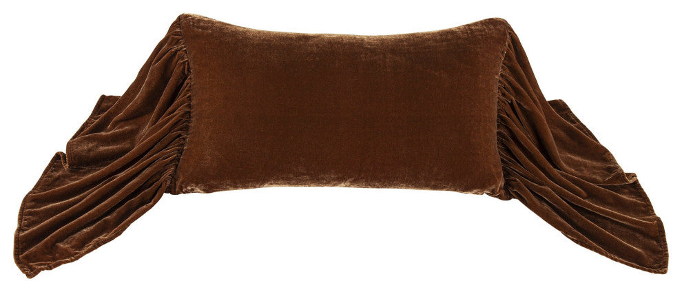 Stella Silk Velvet Long Ruffled Pillow, 26x14", Copper Brown