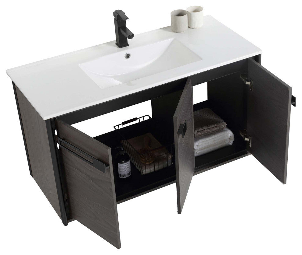 Oakville Wall Mount Bathroom Vanity, Black Coal Oak, 42", Black Hardware