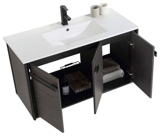 Oakville Wall Mount Bathroom Vanity, Black Coal Oak, 42", Black Hardware