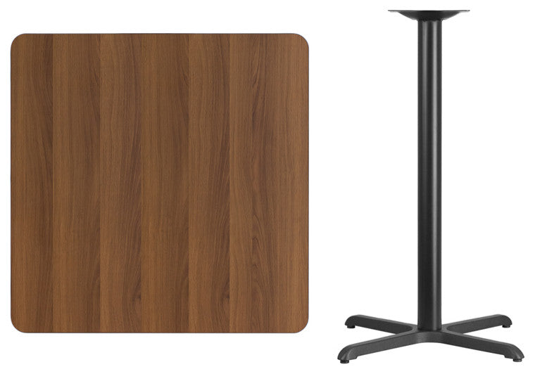 36" Square Walnut Laminate Table Top With 30"x30" Bar Height Table Base