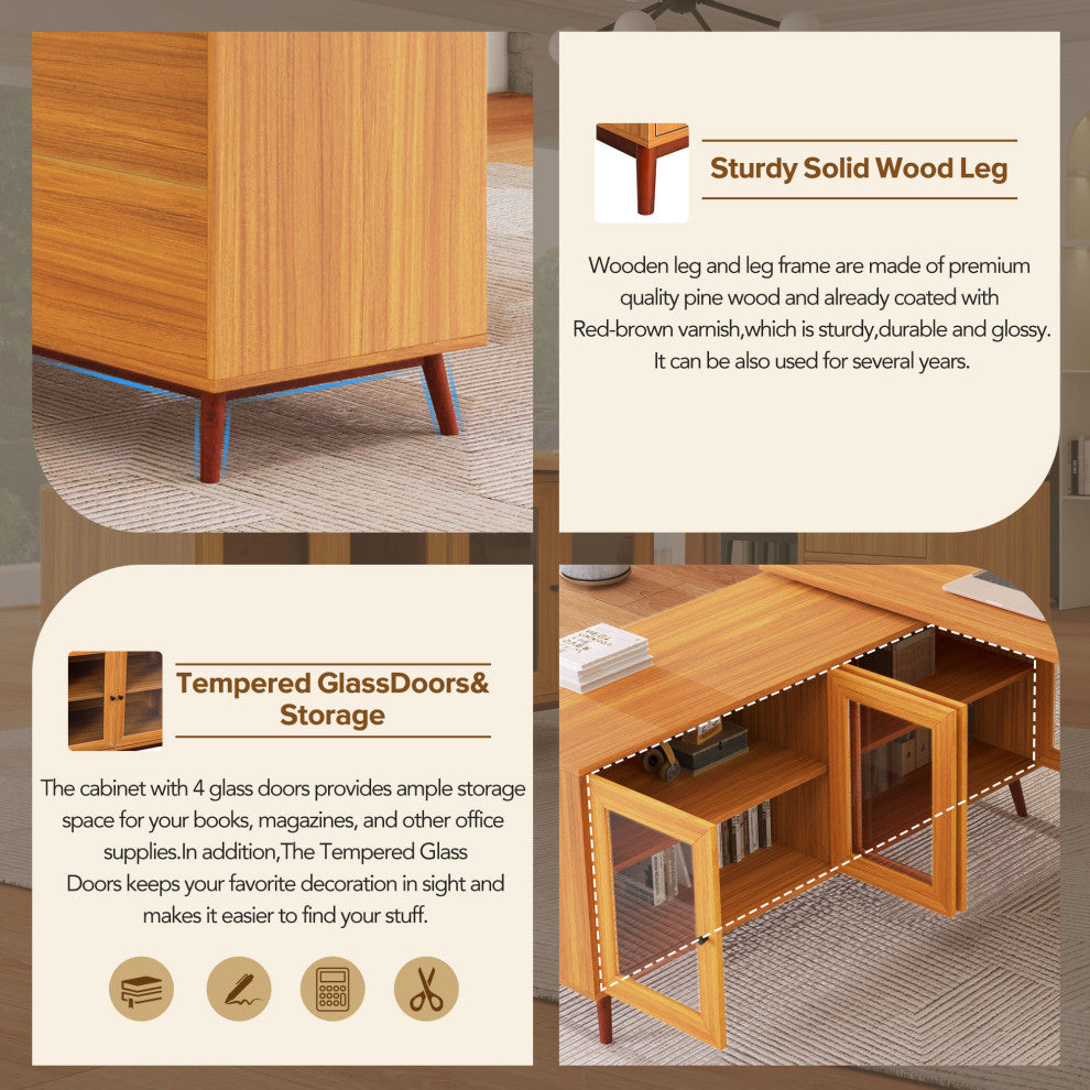Modern L-shaped Executive Desk, Delicate Tempered Glass Cabinet Storage, Teak