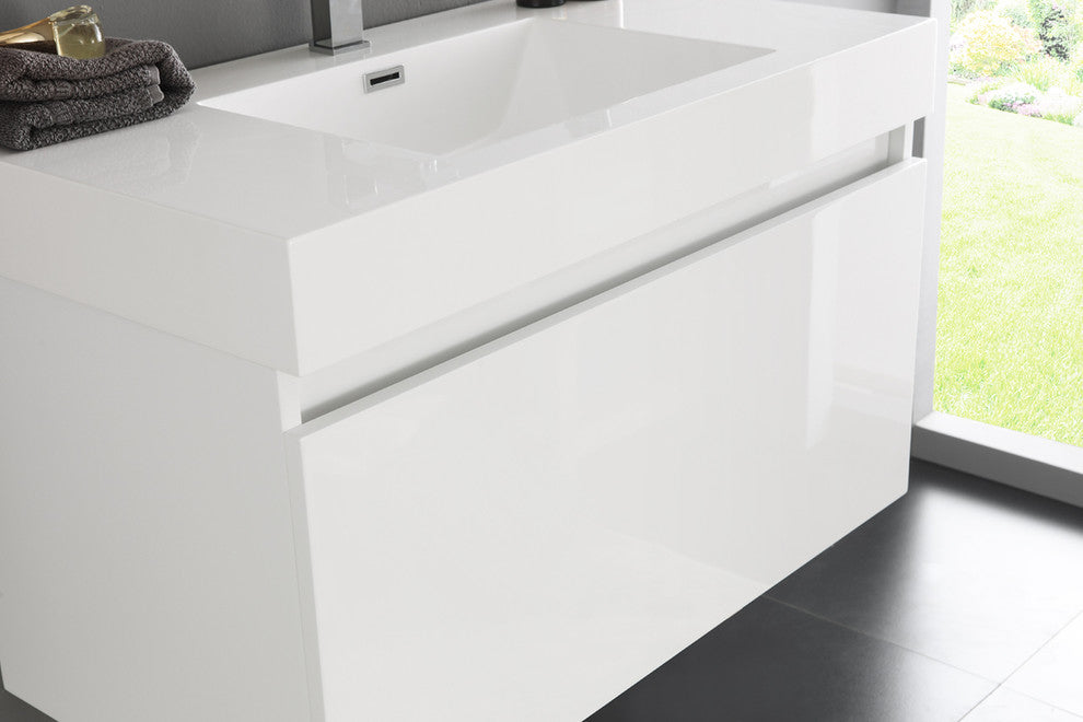 Mezzo 36" White Wall Hung Modern Bathroom Vanity, Faucet FFT9151CH