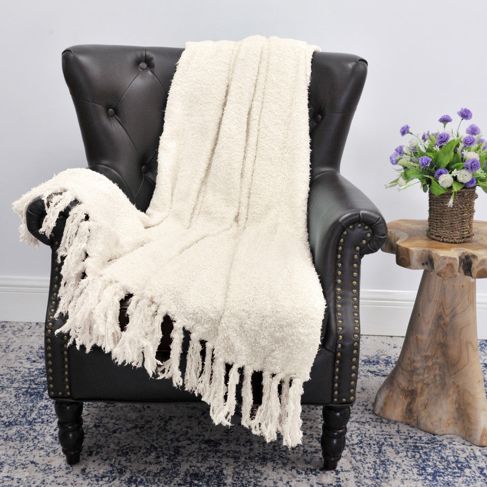 Fluffy Knitted Throw, Antique White, 50"x60"