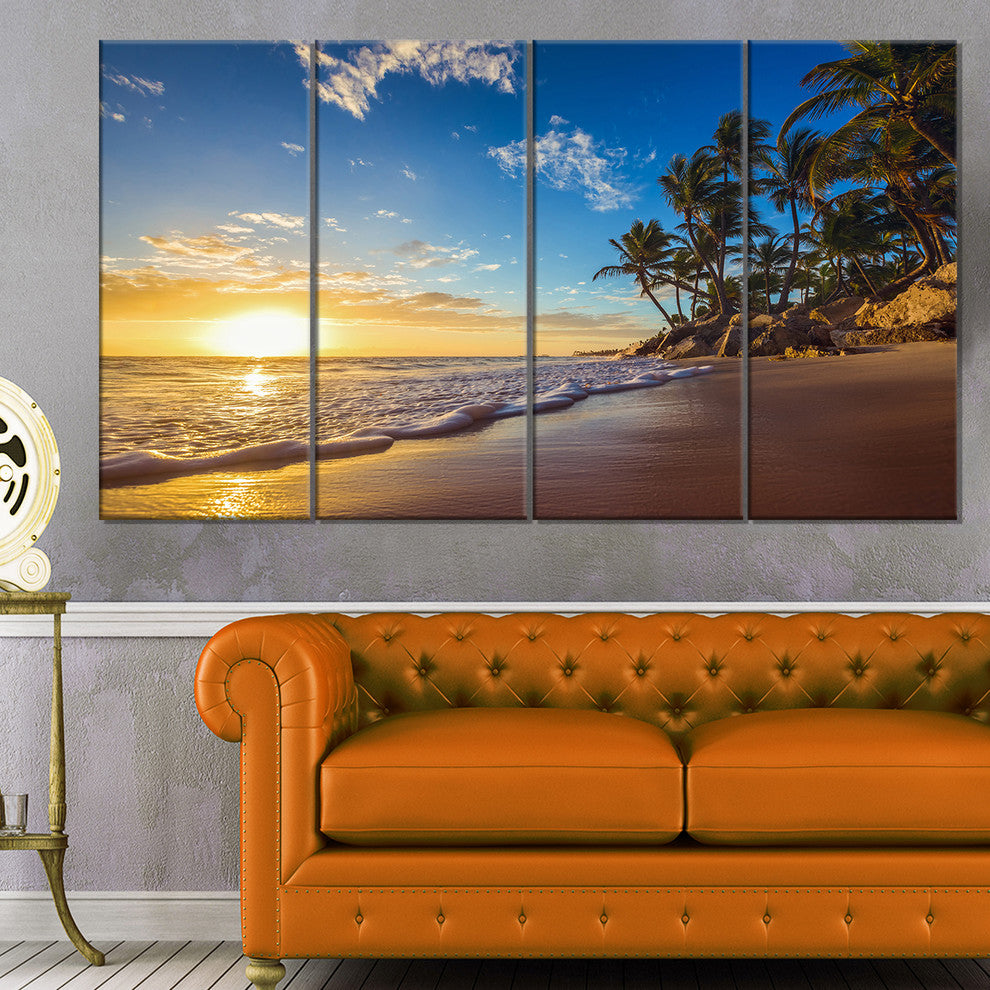 Paradise Tropical Island Beach Sunrise, Seashore Canvas Print, 48"x28", 4 Panels