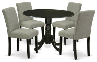 5Pc Round 42" Kitchen Table, Two 9-Inch Drop Leaves, Four Parson Chair