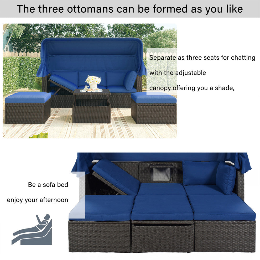 4-Piece Outdoor Wicker Sectional Patio Daybed with Canopy and Ottoman, Black Blu