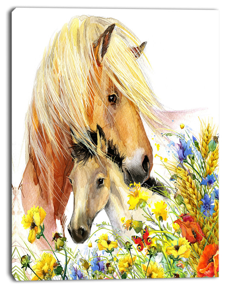 Horse and Foal with Meadow, Animal Canvas Art Print, 28"x60"