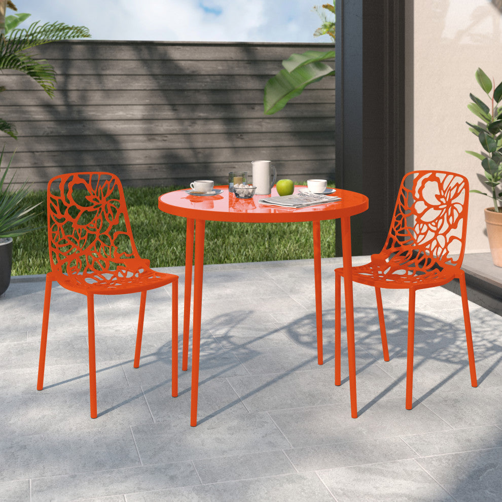 LeisureMod Devon Modern Outdoor Stackable Aluminum Dining Chair, Set of 2, Orange