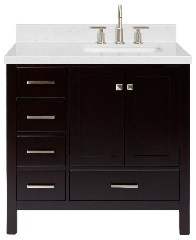 Ariel Cambridge 36" Right  Single Rectangle Sink Vanity, Carrara Quartz, Espresso