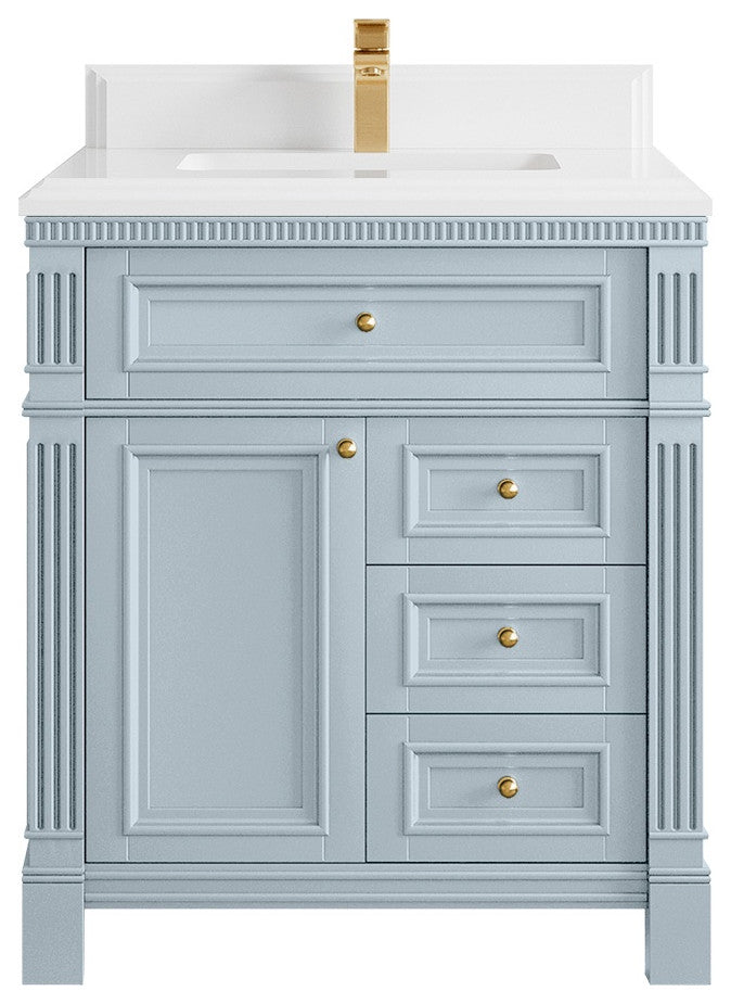 Paris 30" Single Sink Bathroom Vanity, Blue Heather 1.5" White Quartz