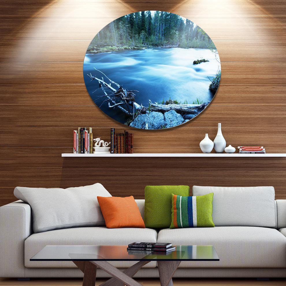 Beautiful Blue River In Forest, Landscape Large Disc Metal Artwork, 11"