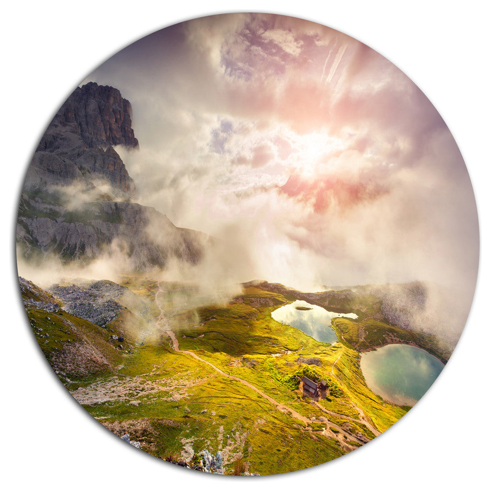 Sunrise On The Lakes Del Piani, Landscape Art Round Metal Wall Art, 36"