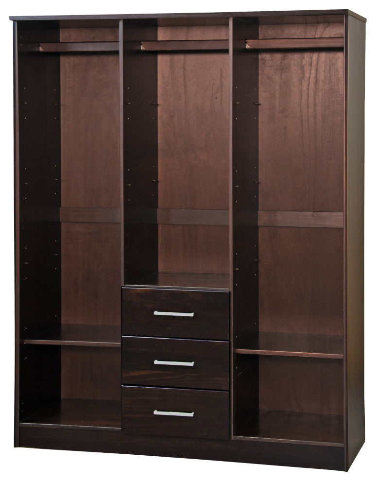100% Solid Wood Cosmo 3-Door Wardrobe/Armoire, 2 Shelves, Java-Raised Panel