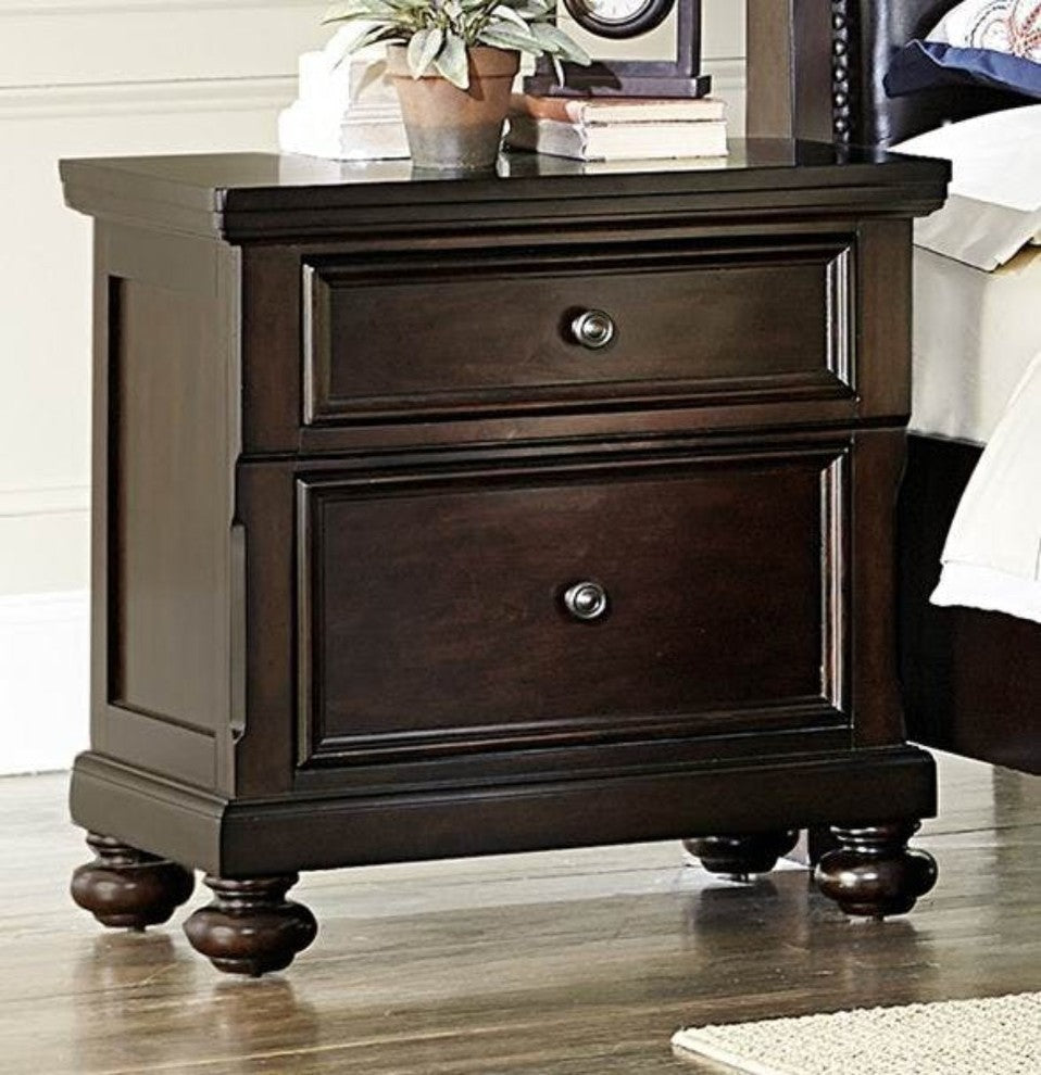 2 Drawers Wooden Night Stand With Bun Feet In Dark Brown
