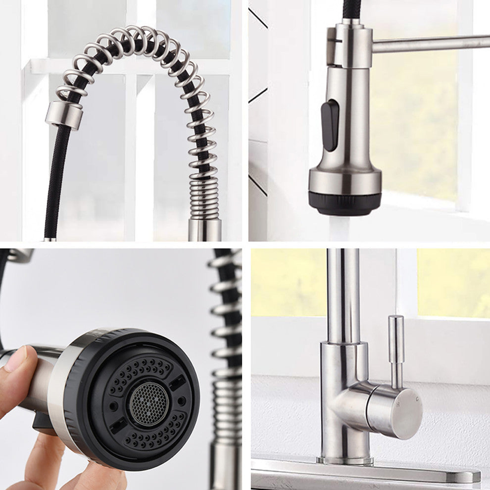 Single Handle Deck Mounted Spring Neck Pull Down Kitchen Faucet with Deckplate,