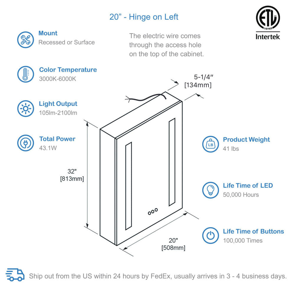 LED Mirror Medicine Cabinet With Defogger, Dimmer and Outlets, 20" Left