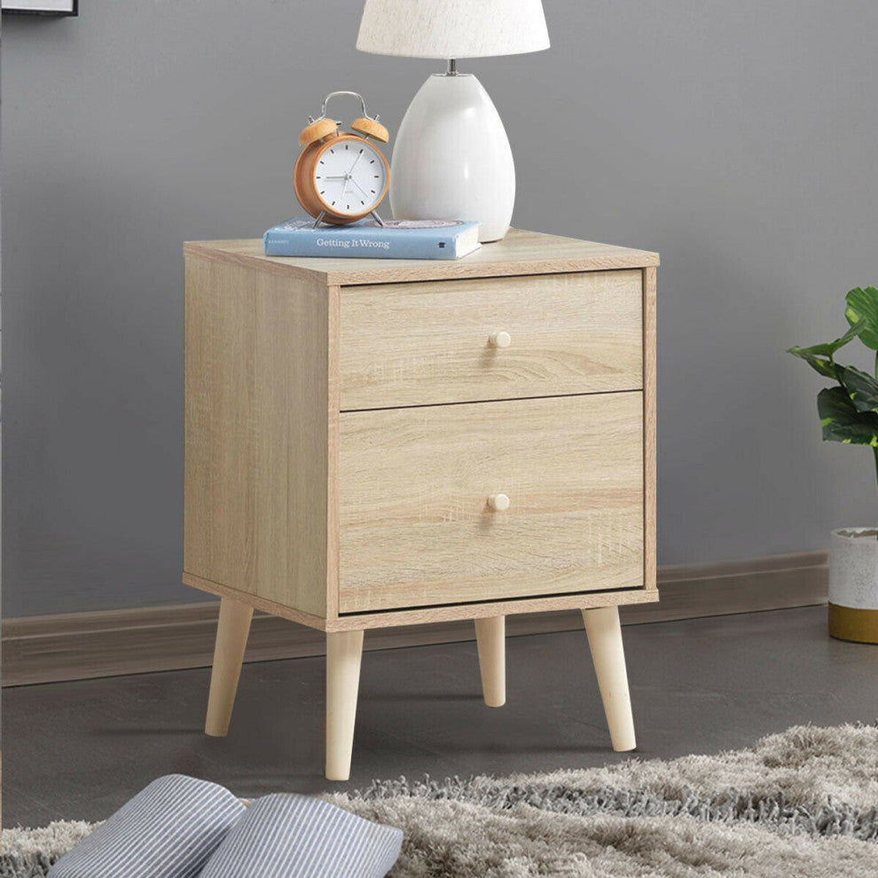 Set of 2 Nightstand, Rubberwood Tapered Legs & Unique Drawer Knobs, Oak Finish