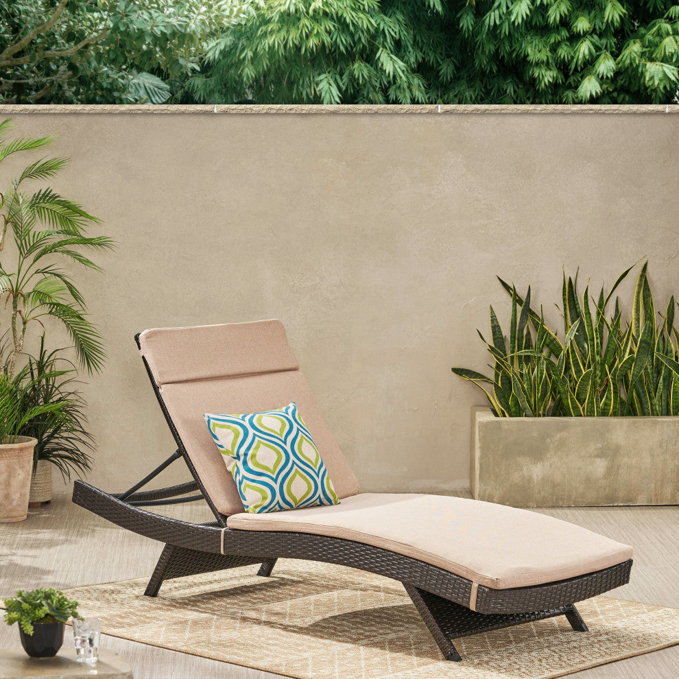GDF Studio Lakeport Outdoor Wicker Chaise Lounge Chair With Cushion, Textured Be