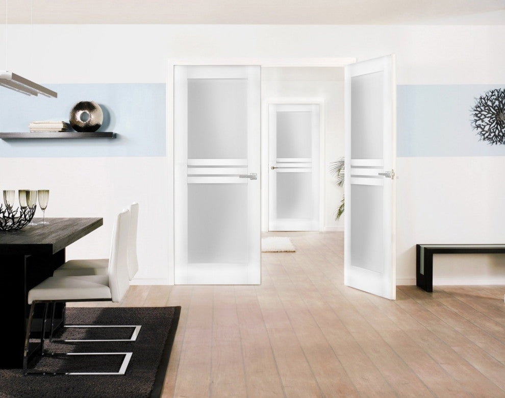 Interior French Double Doors Opaque Glass 4 Lites / Mela 7222 White Silk /72x96