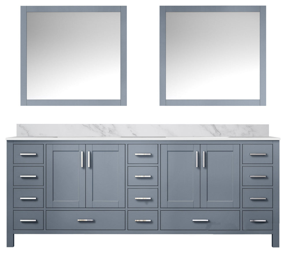 Jacques 84" Dark Gray Double Vanity Carrara Marble Top Sinks, 34" Wall Mirrors