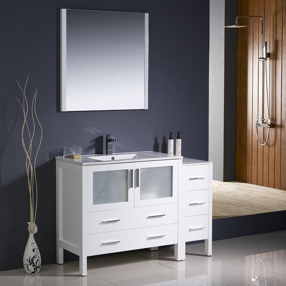 Torino 48" White Modern Bathroom Vanity With Side Cabinet, FFT1030BN