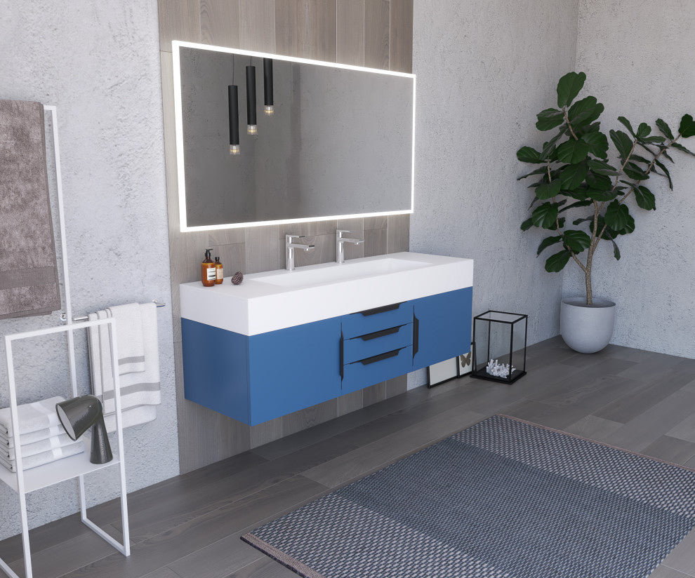 CastelloUSA Nile 60" Wall Mounted Vanity Set, Blue, White Top, Black Handles