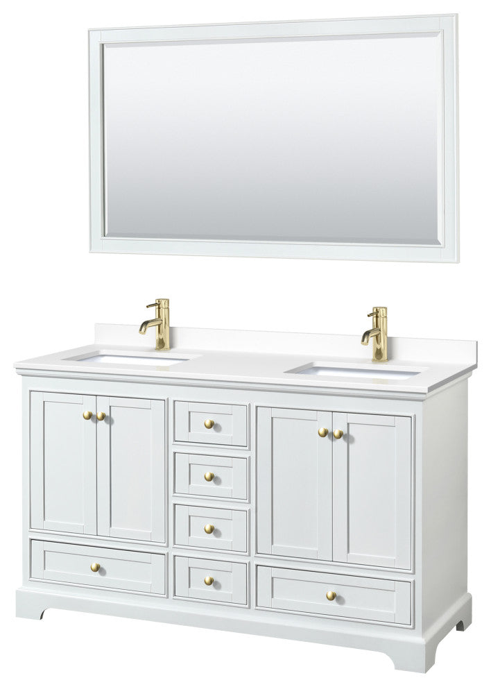 60"DBL Vanity White, White Cult. Marble Countertop, Sinks, Gold Trim, 58"Mirror