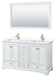 60"DBL Vanity White, White Cult. Marble Countertop, Sinks, Gold Trim, 58"Mirror
