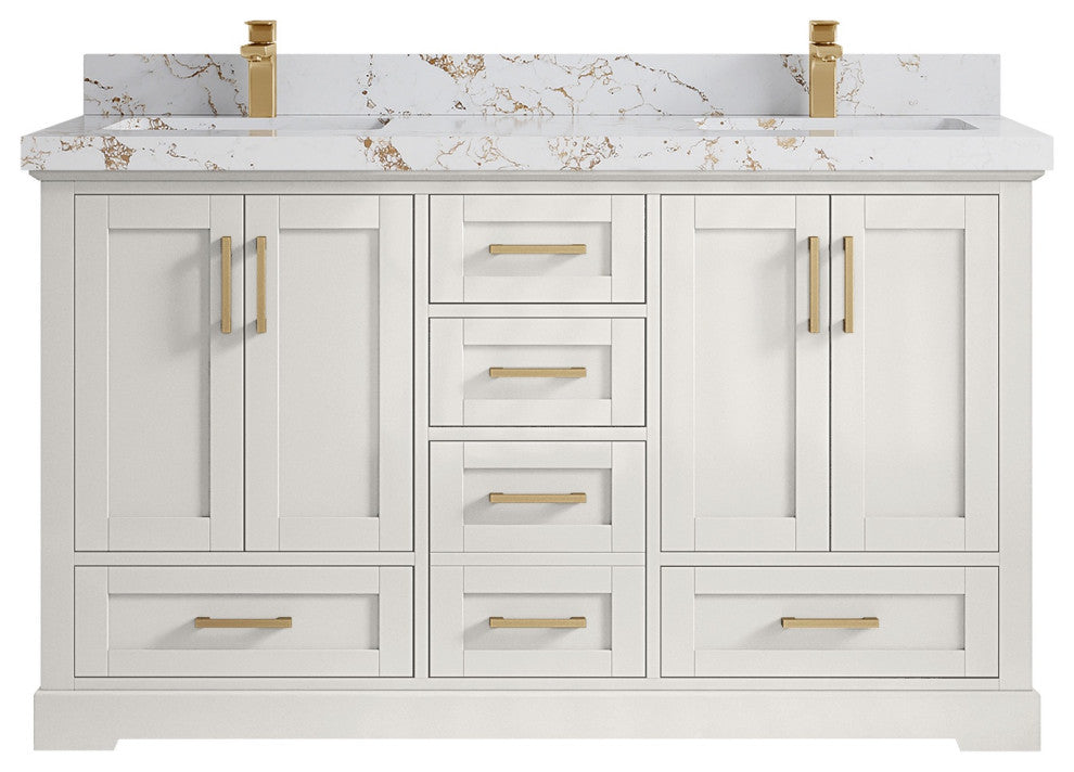 Boston 60" Double Bathroom Vanity in Alabaster 2" Viola Gold