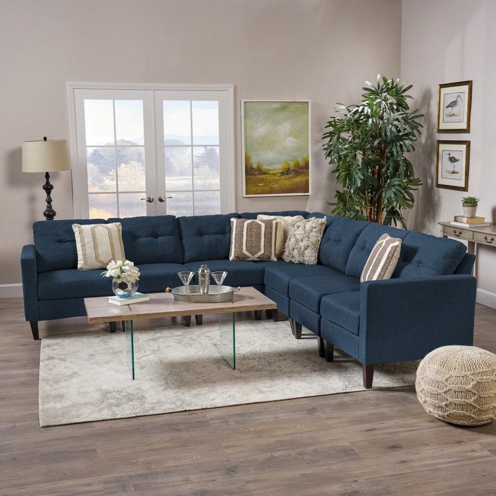 GDF Studio 7-Piece Niya Mid Century Modern Fabric Extended Sectional Sofa, Navy Blue