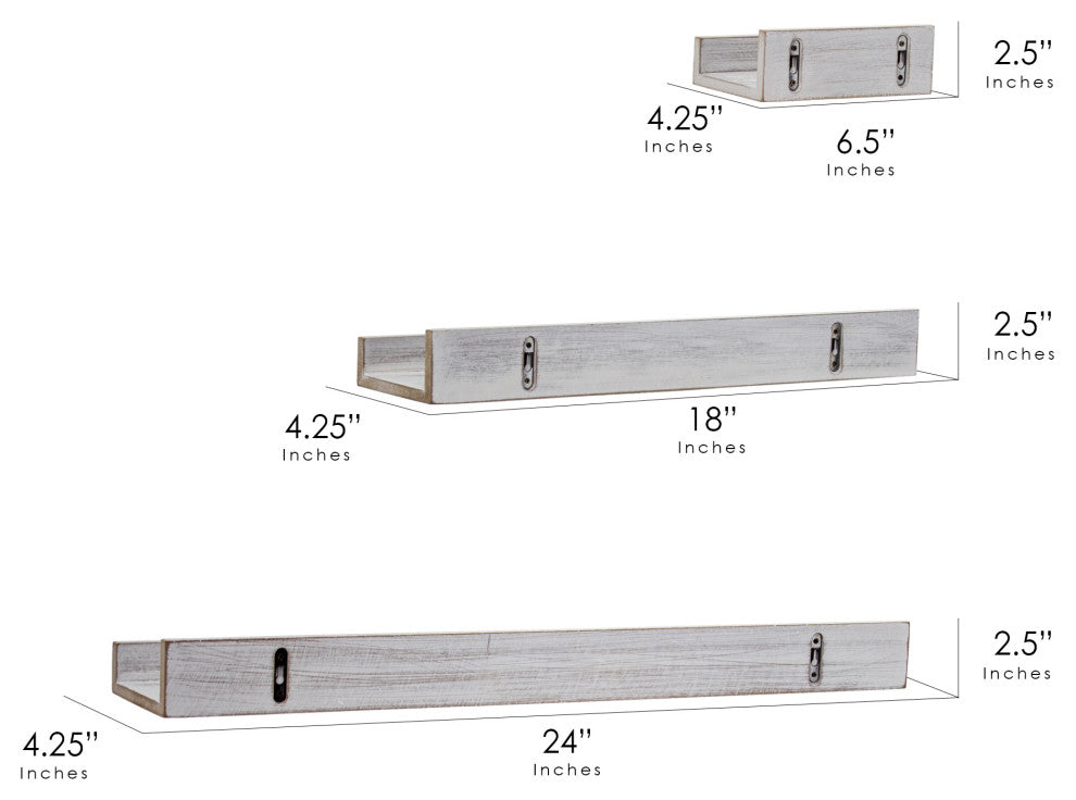 Whitewashed Wood Floating U Wall Shelves - Set of 3