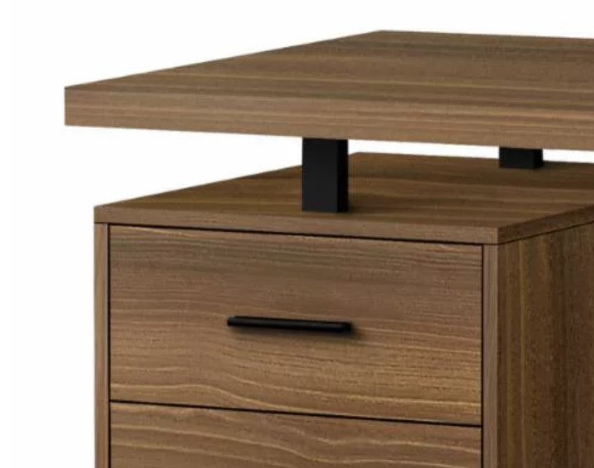 Modern Desk, Floating Top With 2 Drawers & Storage Cabinet, Walnut