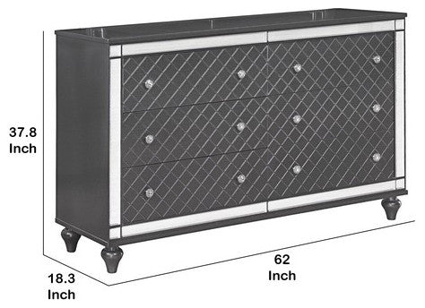 Benzara BM215409 Wooden 6 Drawer Dresser With Mirror Accents & Turned Feet, Gray