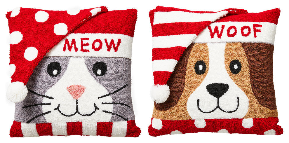 2pk 14"L Hooked 3D Meow and Woof Pillow