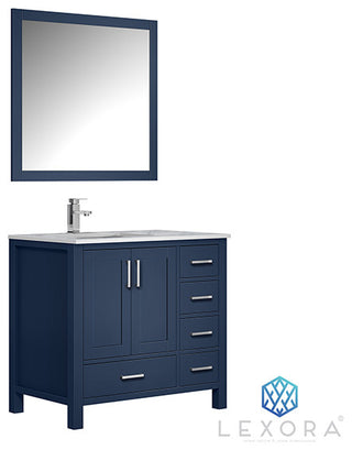 Jacques 36" Vanity, Wht Carrara Marble Top w/ 34" Mirror, Navy Blue, Left