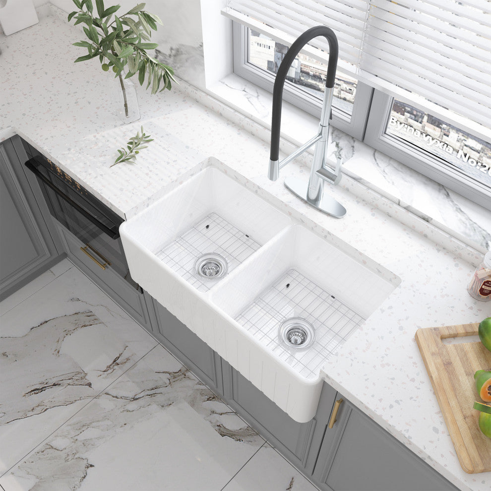 33in Double Bowl Fireclay Farmhouse Apron Kitchen Sink with Striped Design, Glossy White