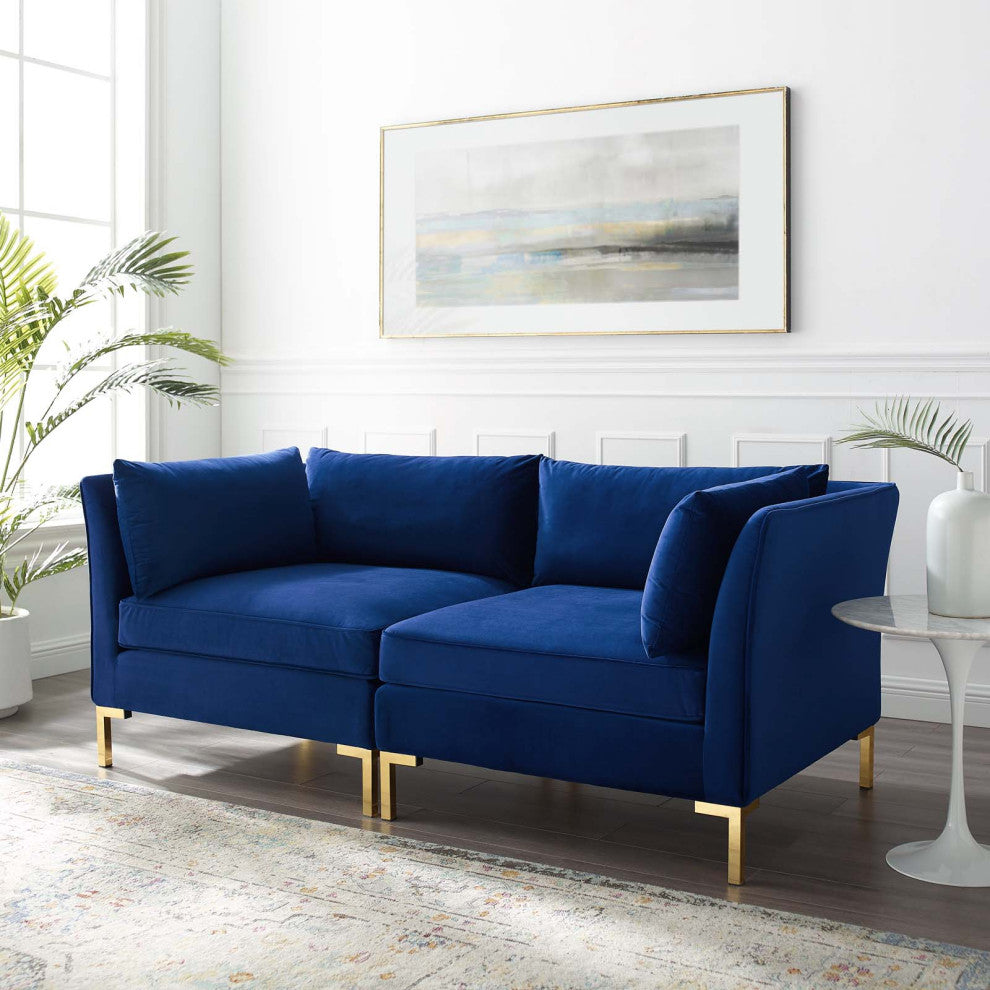 Loveseat Sofa, Velvet, Blue Navy, Modern, Living Lounge Hotel Lobby Hospitality