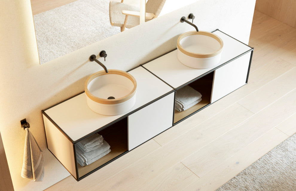 Lucca Solid Surface bathroom vessel sink. Natural wood, White-Natural Birch