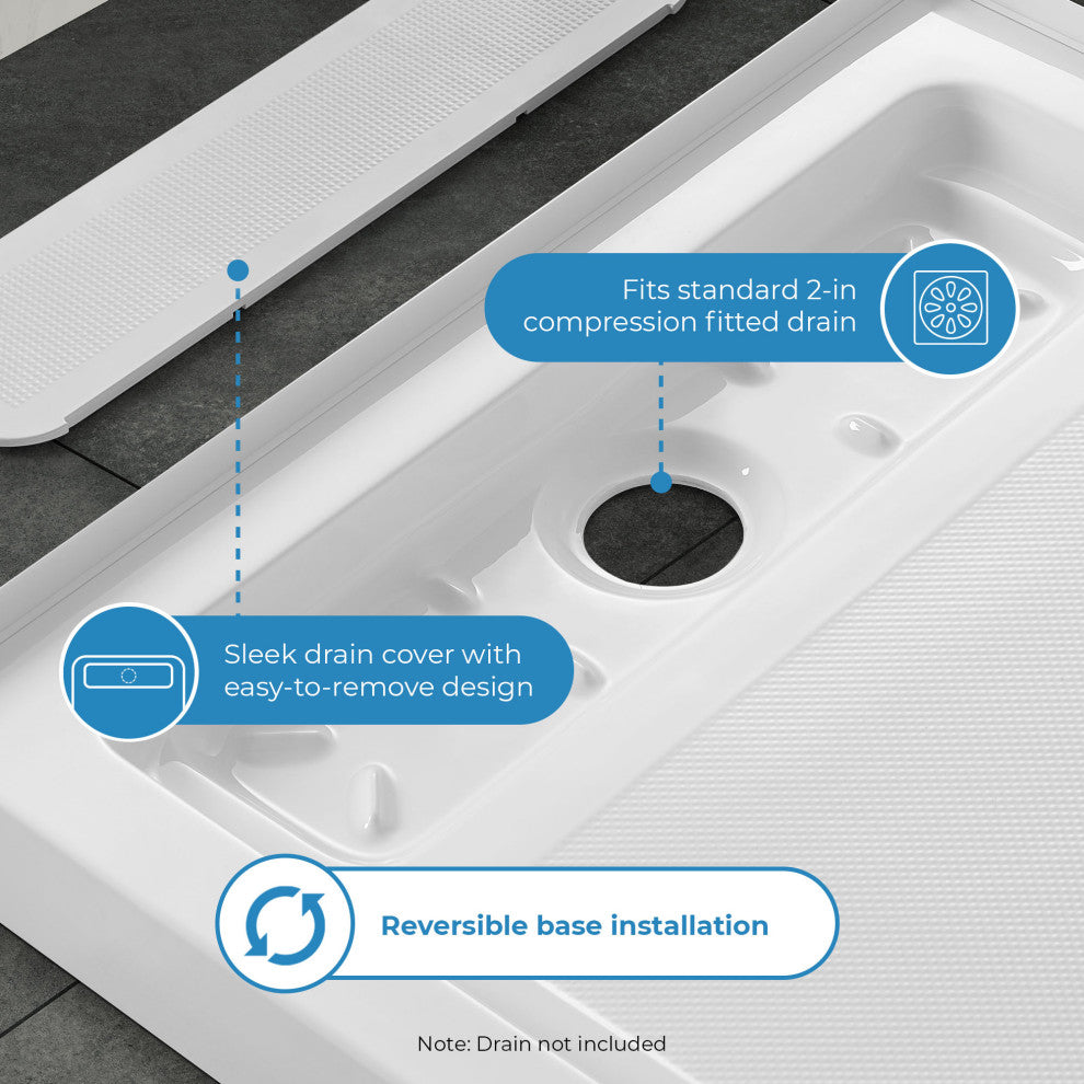 Ove Decors Erika Shower Base Rectangle, White, 60 in.x 32 in., Side Drain