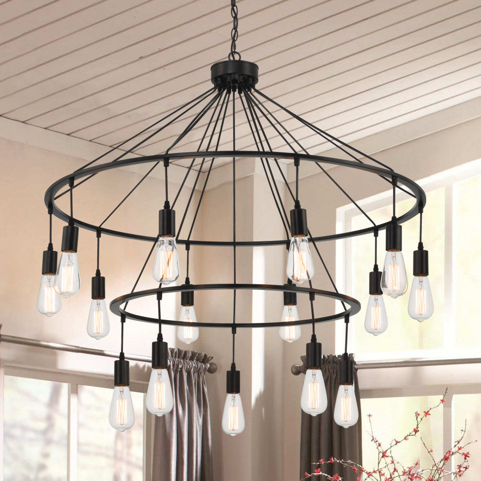 15-Light Unique Wagon Wheel Chandelier, Classic Black