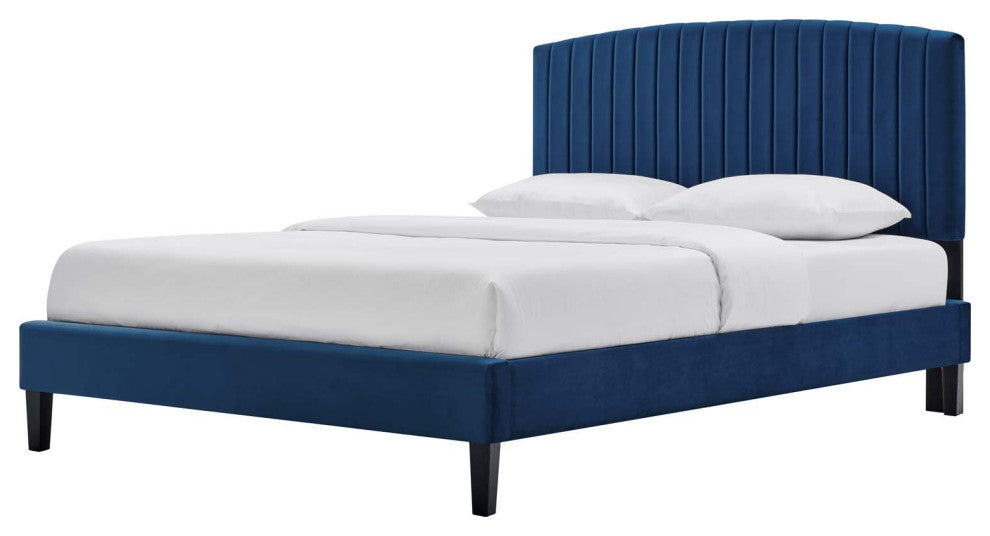 Platform Bed Frame, King Size, Blue Navy, Velvet, Modern, Bedroom Guest Suite
