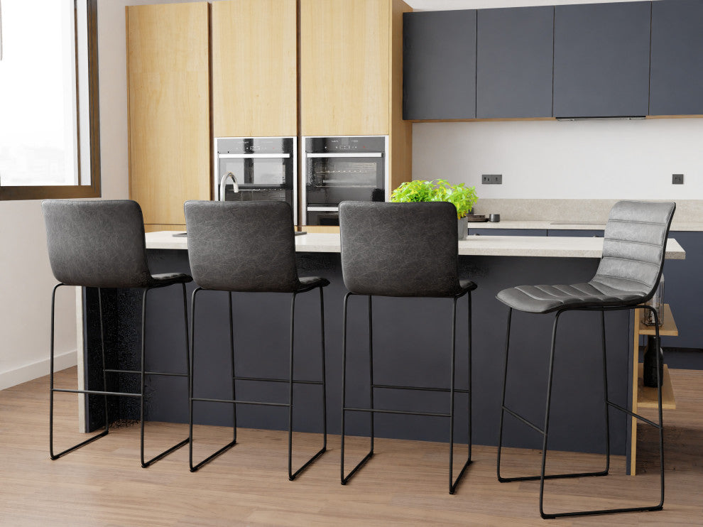 LeisureMod Brooklyn Modern Leather Bar Stool With Footrest, Charcoal Black