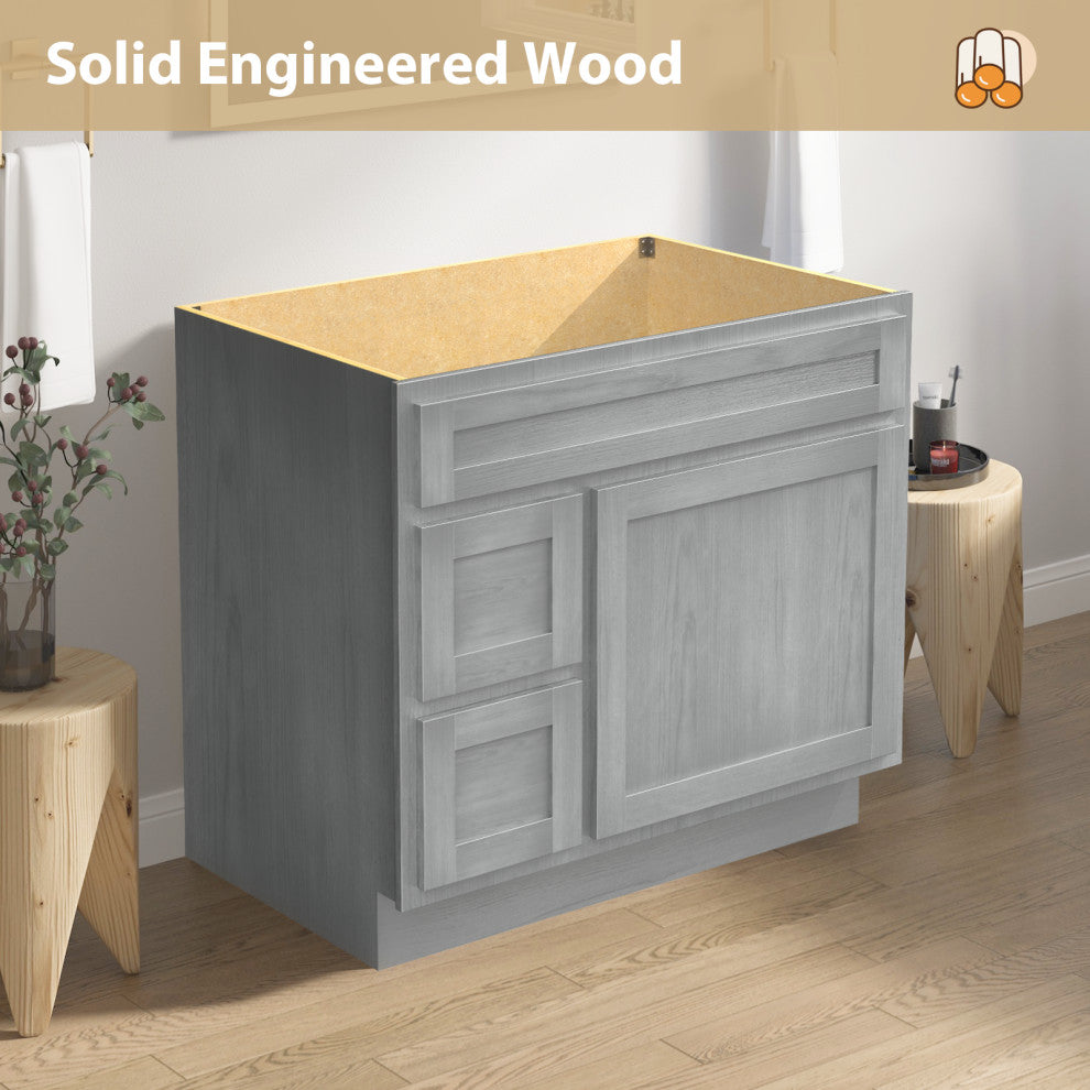 Vanity Art Vanity Base Cabinet, No Top, Drawers on Left, 36", Silver