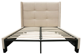 Queen Bed With Integrated Footboard Storage Unit and Accent Wings, Sand Fabric