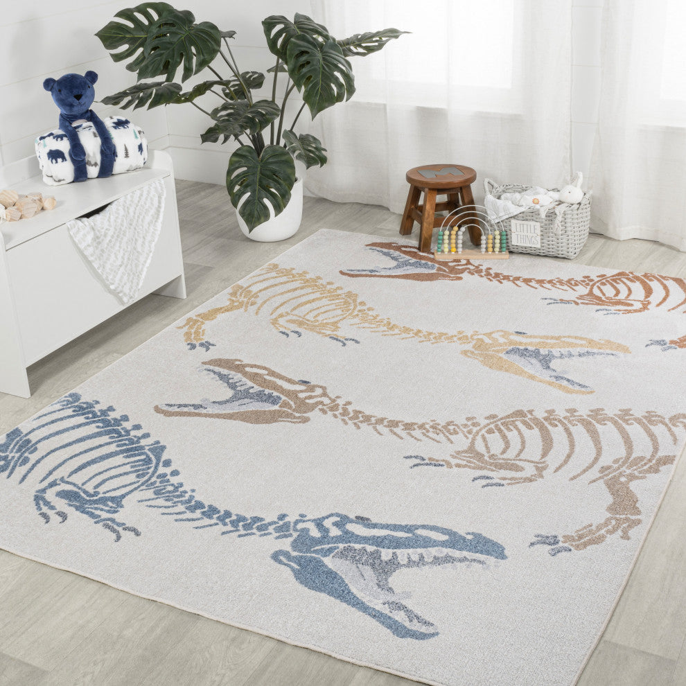 Kingdarr T-Rex Modern Kids Machine-Washable Cream/Multi 8 ft. x 10 ft. Area Rug