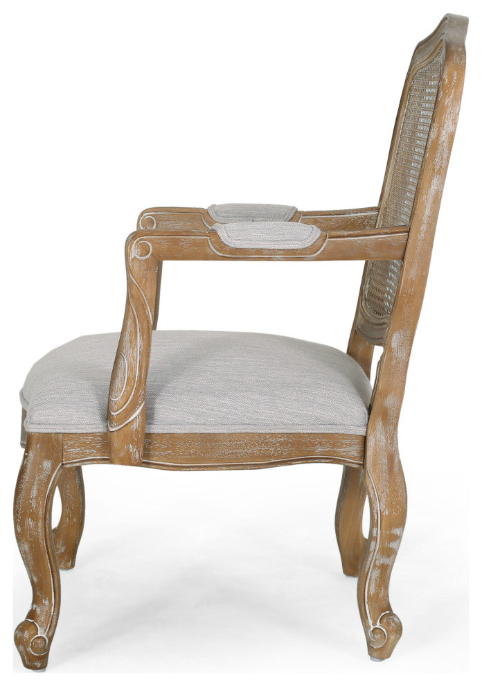 Absaroka French Country Fabric Wood and Cane 5-Piece Dining Set, Natural/Light Gray