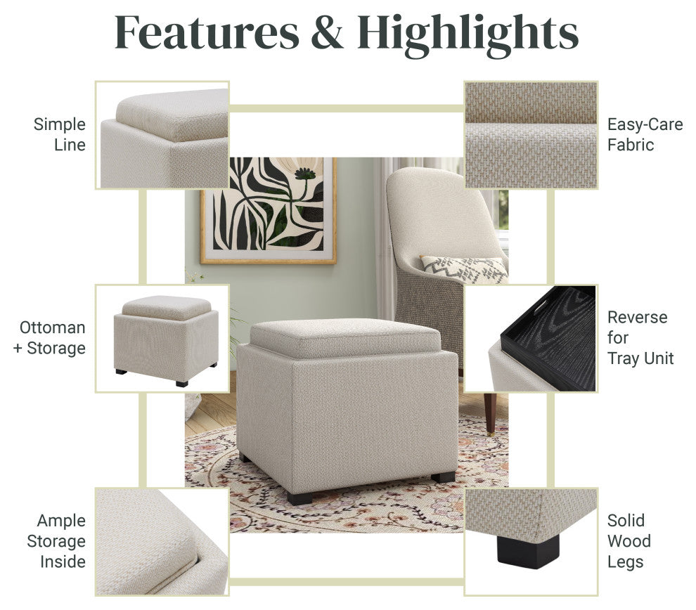 Cameron Square Storage Ottoman w/ tray, Cardiff Cream, Fabric